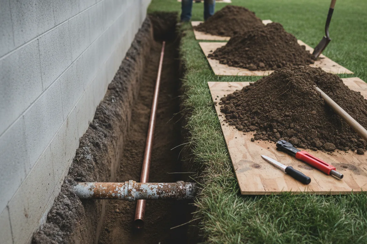 Excavated water line trench during Sewer Line Repair in Lovelaceville
